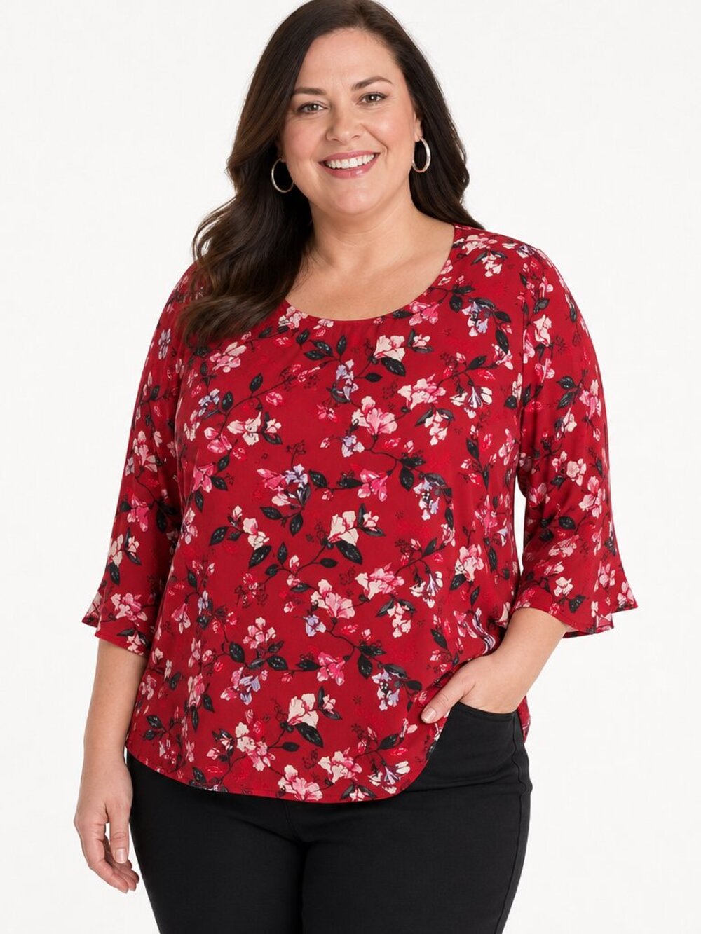 C J Banks Wine Floral Ruffle‑Sleeve Blouse – Size 1X – Lightweight & Flowy